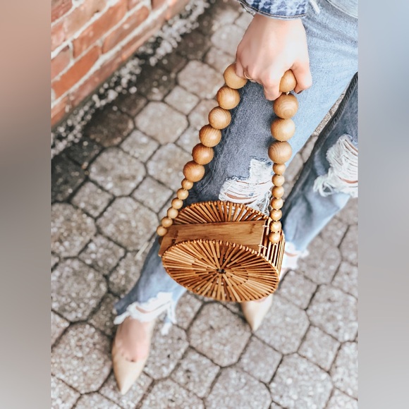 Cult Gaia Cutout Round Circle Beaded Strap Crossbody Bag NWT Natural Bamboo - Picture 11 of 16